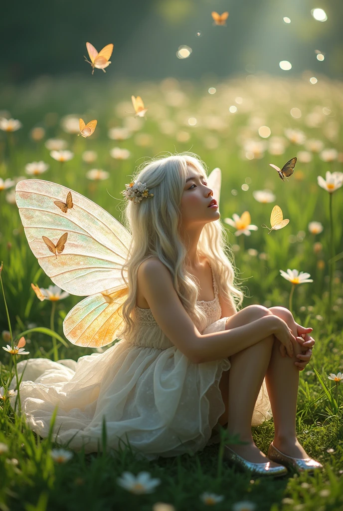 masterpiece, photorealistic, 8K, ultra high resolution, Long shot profile portrait photo of a beautiful a fairy with hologram-colored hair and a white lolita dress and glass shoes is lying on green grass with lily flowers during the day. she opened legs widely, masturbation. There are hologram soap bubbles and hologram colored butterflies.