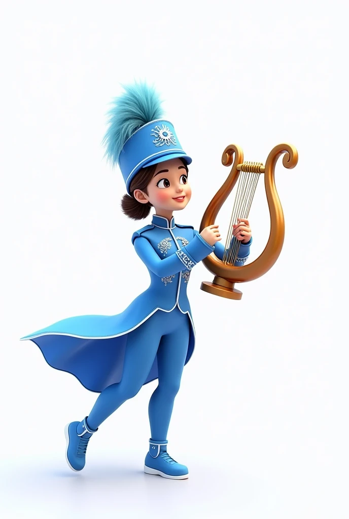 A single female member of a marching band in blue costume playing marching lyre with white background 3d animation 