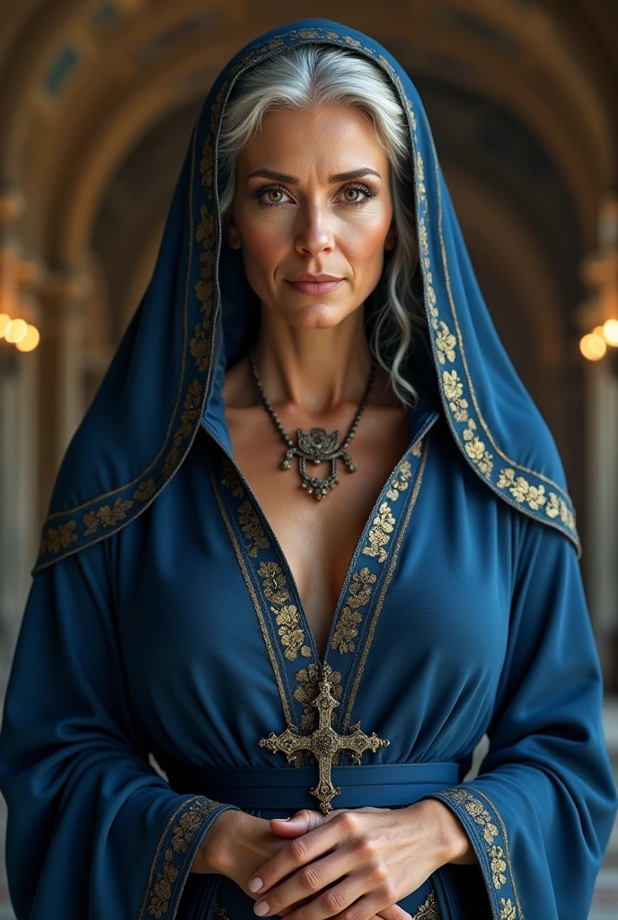 NSFW, best quality (4K, high resolution, masterpiece:1.2), ultra-detailed, realistic (photo-realistic:1.37), Ilaria, the Reverend Mother of the Holy Faith, authoritative spiritual guide, portrait, ((alluring milf)), (attractive mature woman), ((wearing elegant deep blue robes with golden embroidery signifying her high rank)), ((Perfect round and perky breasts)), ((provocative and formfitting costume)), wise yet soulful gaze, deep brown eyes, poised stance, ((elegant silver hair coiled under her hood)), serene and commanding aura with a hint of wisdom, deep blue and gold color scheme, sharp focus, perfect, sacred lighting, confident, serene demeanor, emotive smile, powerful divine magic and spiritual energy radiating from her eyes, holy temple with a peaceful, inspiring background, tranquil yet empowering atmosphere, inspired by fantasy art and divine mythology, emphasizing her allure, wisdom, and spiritual authority, meticulous attention to facial details showcasing her age and wisdom, striking visual impact, expressive yet authoritative facial features, supernatural elements blended with a serene reality, (exceptionally detailed:1.3), super finely detailed and gentle hands, ultra finely detailed fingers (ten fingers), suggestive, inspiring posing, full body showcase, no logos in the background.