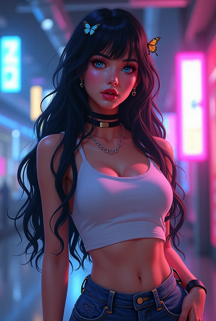 Female character blue eyes black hair and y2k clothes