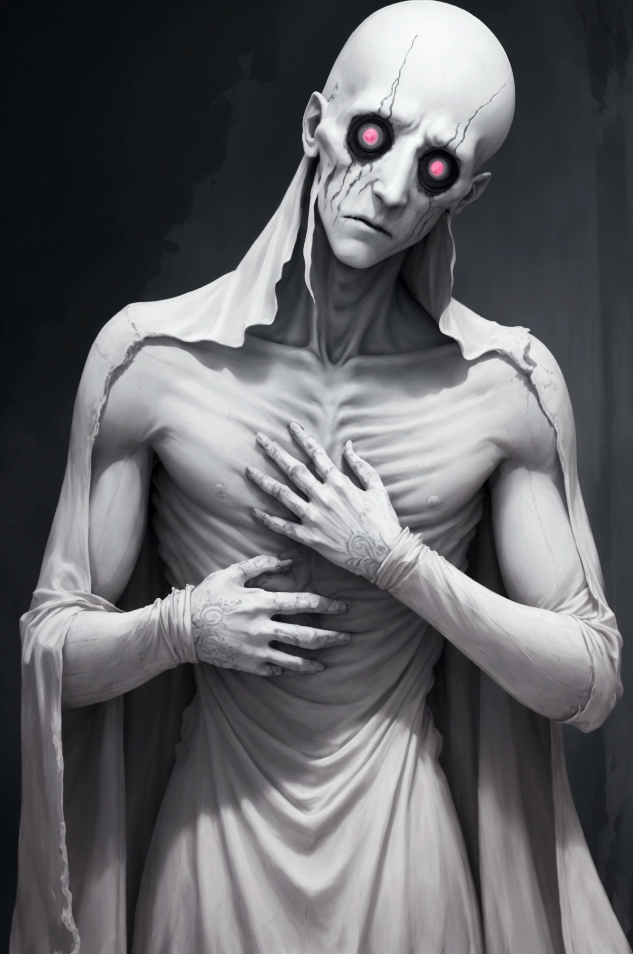 A ghost male with no eye with a face of fear and despair, a Brocken neck, long arms and gray skin