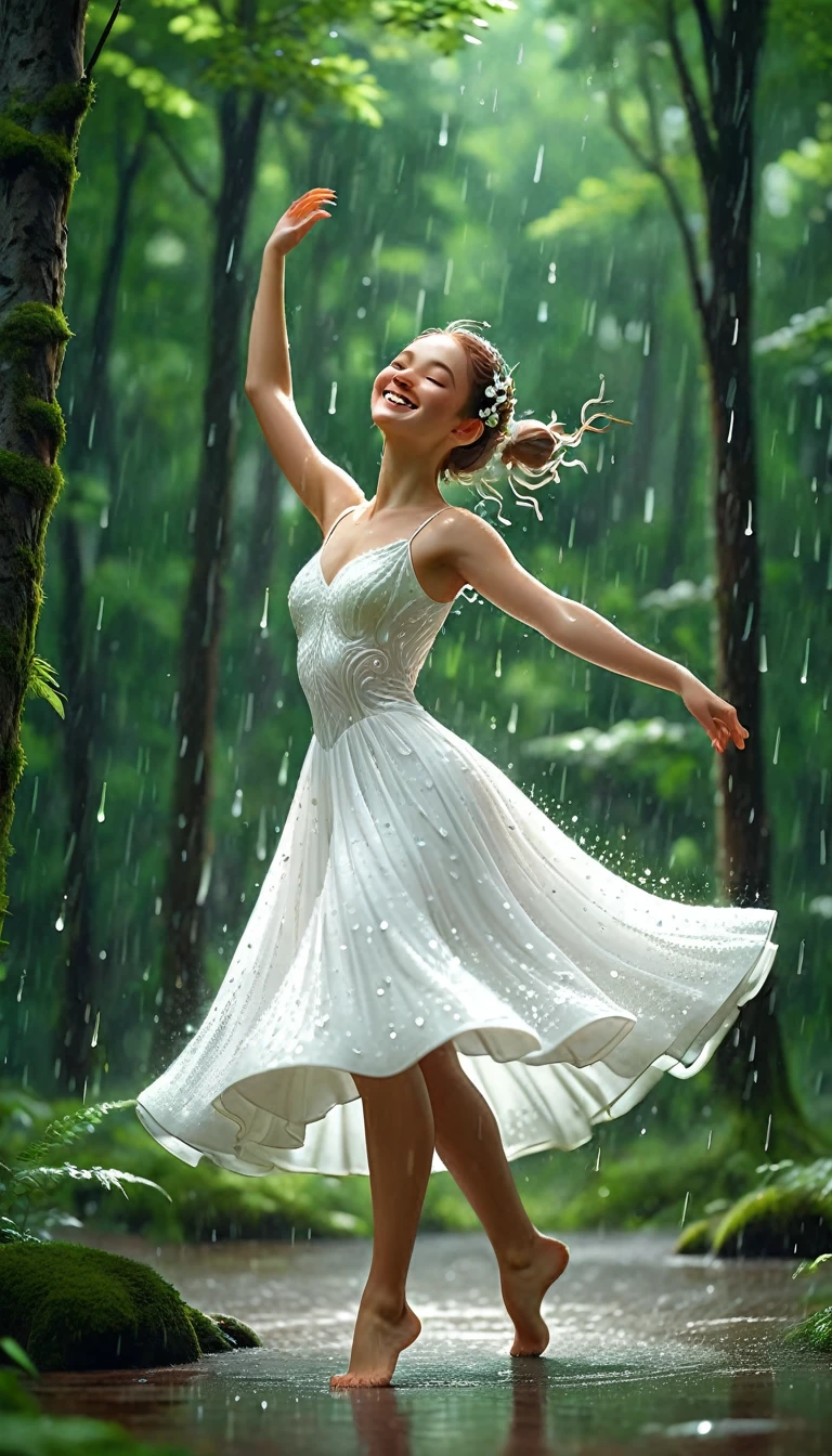 A lovely girl,Wearing a beautiful white dance dress.Swirling dance in rainy summer forest.Tilt your head and look at people with a smile.Close-up of character( Perfect anatomical structure )The whole body is perfectly presented and beautiful and the texture is extremely delicate,detailed, bright, Animation style high definition and high quality presentation