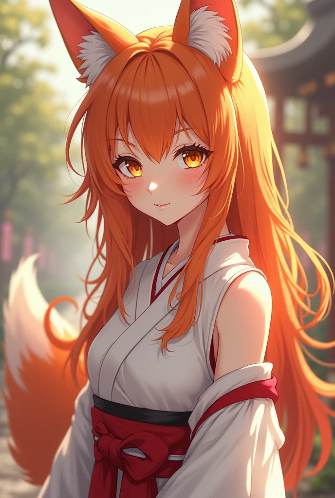 ((small breast)), best quality, masterpiece, detailed, Kitsune neko, 1girl, closed mouth, light smile, orange hair, yellow eyes, medium hair, fox ears, fox tail, Senko Miko, miko, (NAKED:1.3), (NSFW:1.3), standing, looking at viewer, unity 8k wallpaper, (illustration:0.8), (beautiful detailed eyes:1.6), extremely detailed face, perfect lighting, extremely detailed CG, (perfect hands, perfect anatomy), Her beautiful face, drawn with incredible precision and realism, is surprisingly detailed. Every line, every crease on the skin is like a work of art. Sparkling eyes, with a fine drawing of each eyelash, look directly at you, radiating warmth and boundless tenderness, Senko is the true embodiment of grace and beauty, and every stroke on this cardboard canvas speaks of her charm. Her slender figure and graceful body lines are mesmerizing. Perfect hands, thin fingers, delicate skin - all this is a work of art.