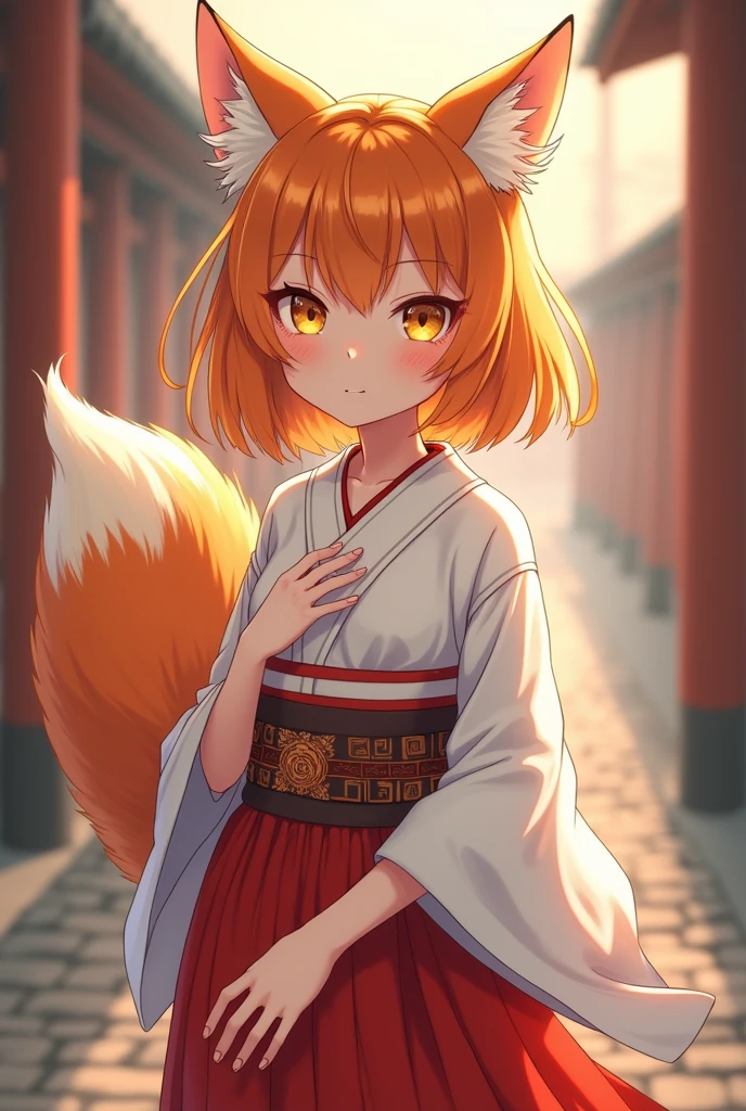 ((small breast)), best quality, masterpiece, detailed, Kitsune neko, 1girl, closed mouth, light smile, orange hair, yellow eyes, medium hair, fox ears, fox tail, Senko Miko, miko, (NAKED:1.3), (NSFW:1.3), standing, looking at viewer, unity 8k wallpaper, (illustration:0.8), (beautiful detailed eyes:1.6), extremely detailed face, perfect lighting, extremely detailed CG, (perfect hands, perfect anatomy), Her beautiful face, drawn with incredible precision and realism, is surprisingly detailed. Every line, every crease on the skin is like a work of art. Sparkling eyes, with a fine drawing of each eyelash, look directly at you, radiating warmth and boundless tenderness, Senko is the true embodiment of grace and beauty, and every stroke on this cardboard canvas speaks of her charm. Her slender figure and graceful body lines are mesmerizing. Perfect hands, thin fingers, delicate skin - all this is a work of art.