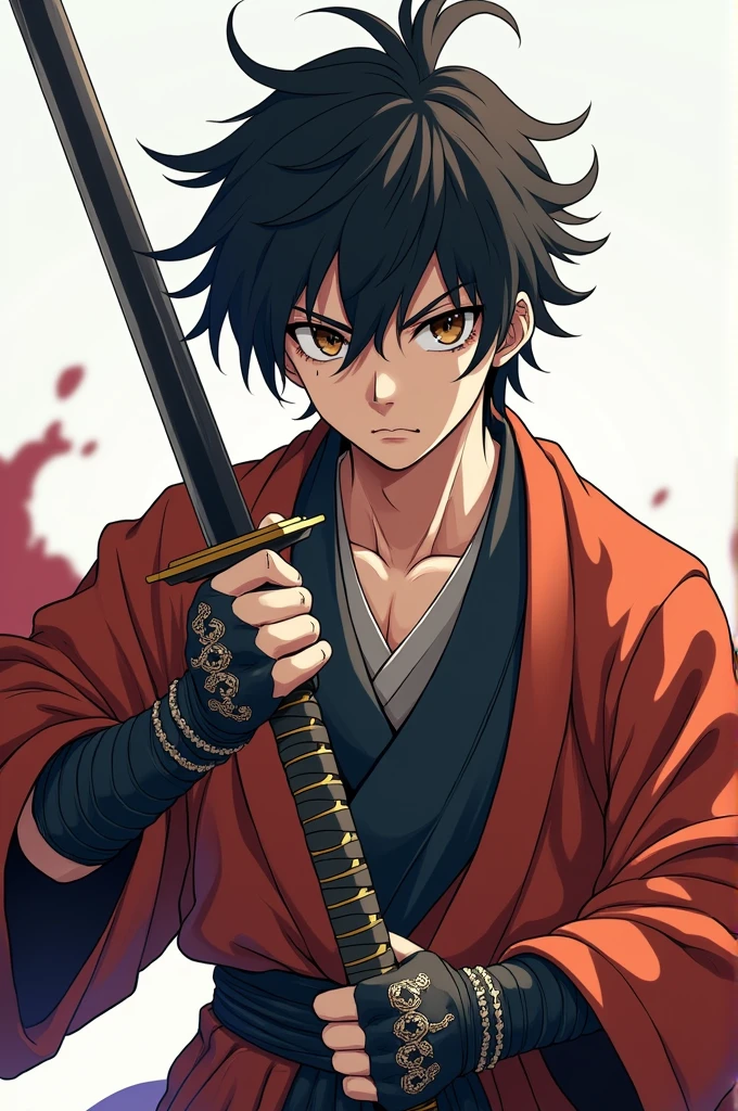 Create the image of a boy with white skin and wavy black hair, her hair is shoulder length and messy. He has a determined look, with brown eyes. He has an athletic body with 1,80 metro de altura. He holds a katana. He wears black and brown clothes, with metal details. Usa robea, tunics and samurai clothes mixed together. anime styling. The image must be generated in anime style. mango. アニメ