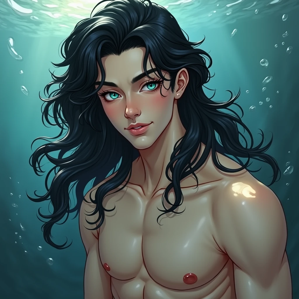long black hair, teal blue eyes, long lashes, white and pale skin. smooth. (((masterpiece))) male. Young male. sexy merman. smirking. he's a merman. sexy. No facial hair or body hair. Delicate and pretty facial features. 