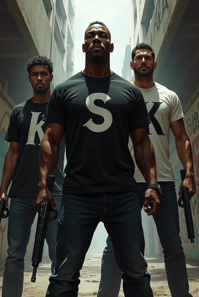 Three men, one dark-skinned and two skin-colored, with weapons and on their shirts the letter (s) the other the letter (k) and the other (D)