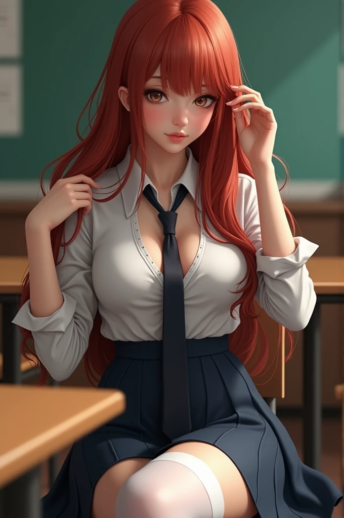 ultra realistic, photography, long red hair, irish girl, 2, hourglass figure, perfect body, small breasts, Flirty look, blur background, wearing a school girl outfit (open blouse with cleavage, skirt, white opaque thigh socks, a tie), sitting in classroom, sitting on a chair behind her desk, looking sedcutively, playing with a strand of her hair, she has her legs crossed, 