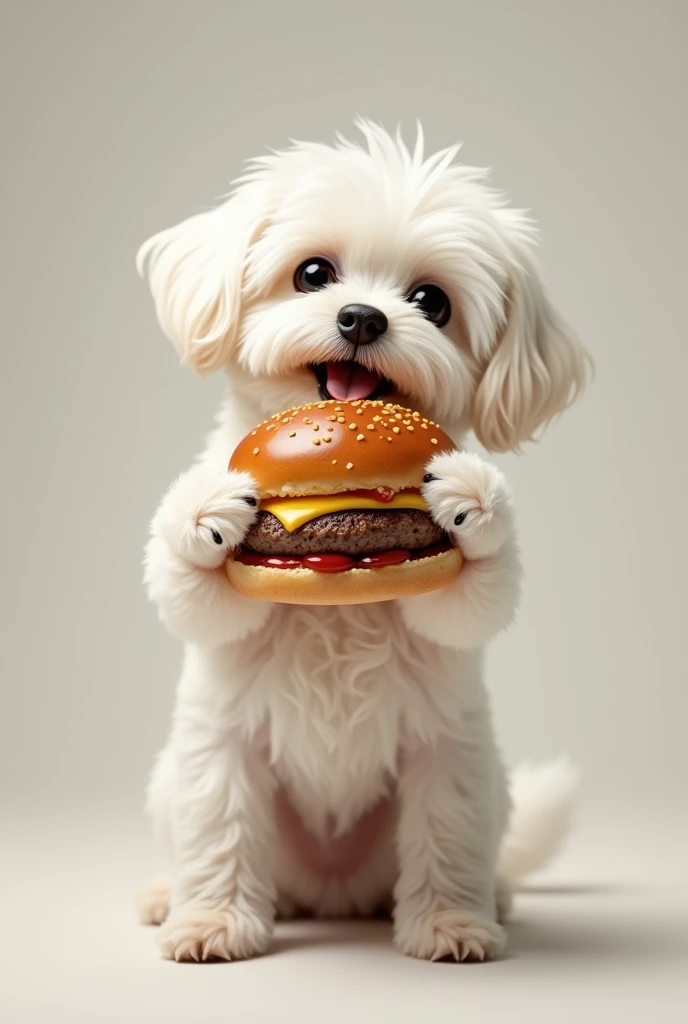 realistic a maltese dog pinion with hamburger