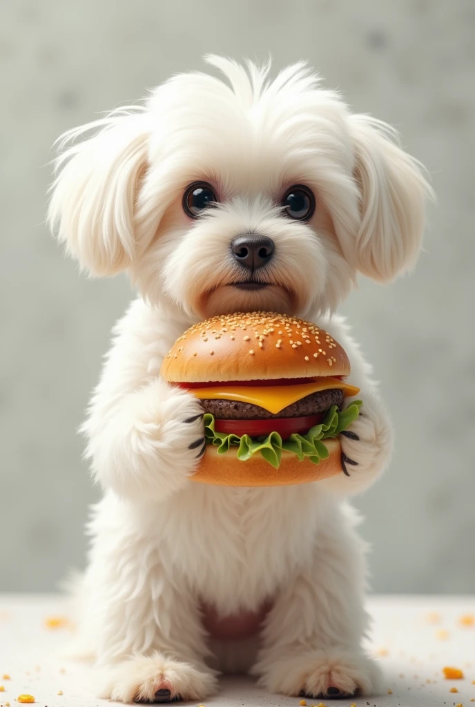 realistic a maltese dog pinion with hamburger