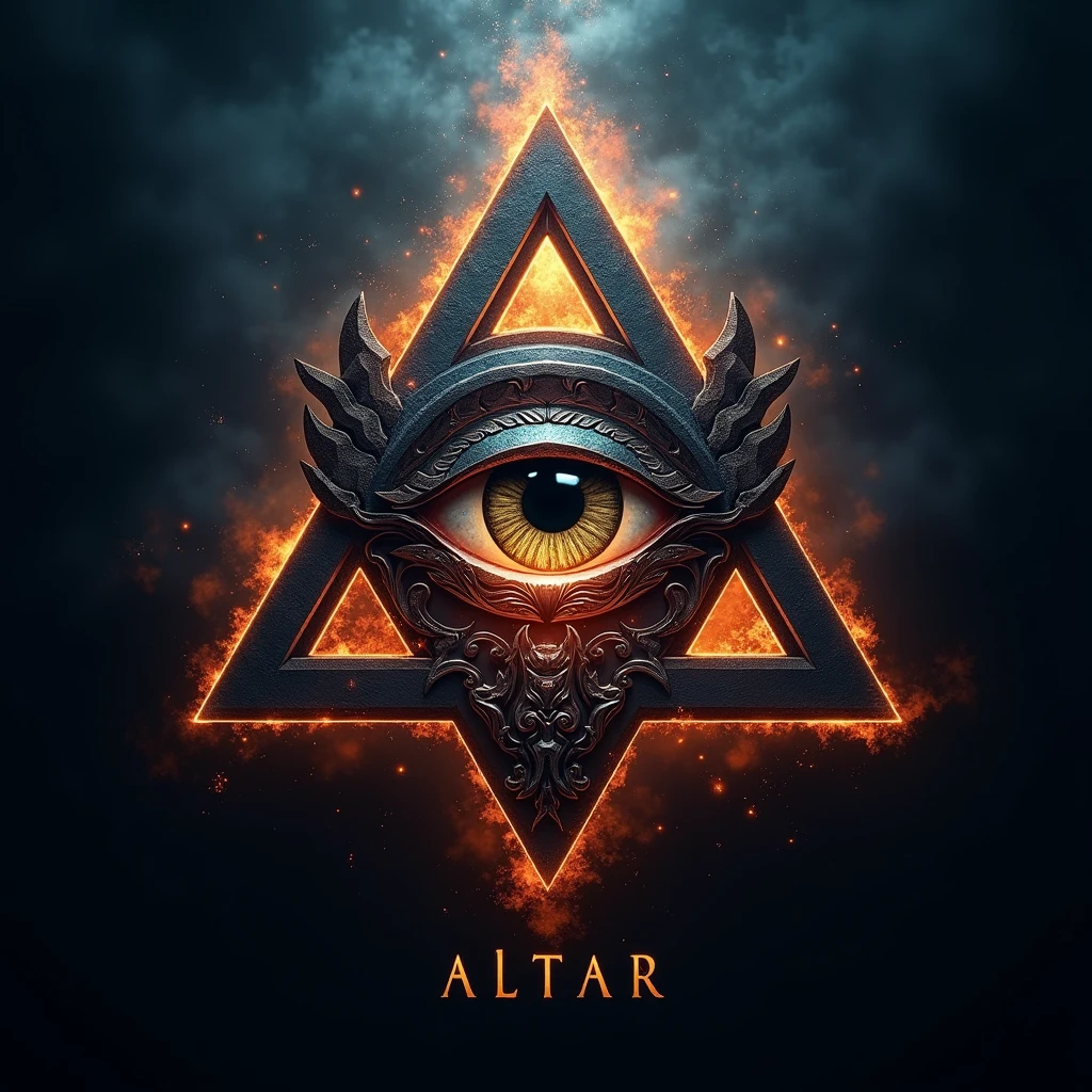 logo design, the all seeing eye inside triangle, small text logo "ALTAR" under triangle, fire and ice as complex background, 3D, extreme detail, ultra-realism, masterpiece, 4k, cinematic lighting
