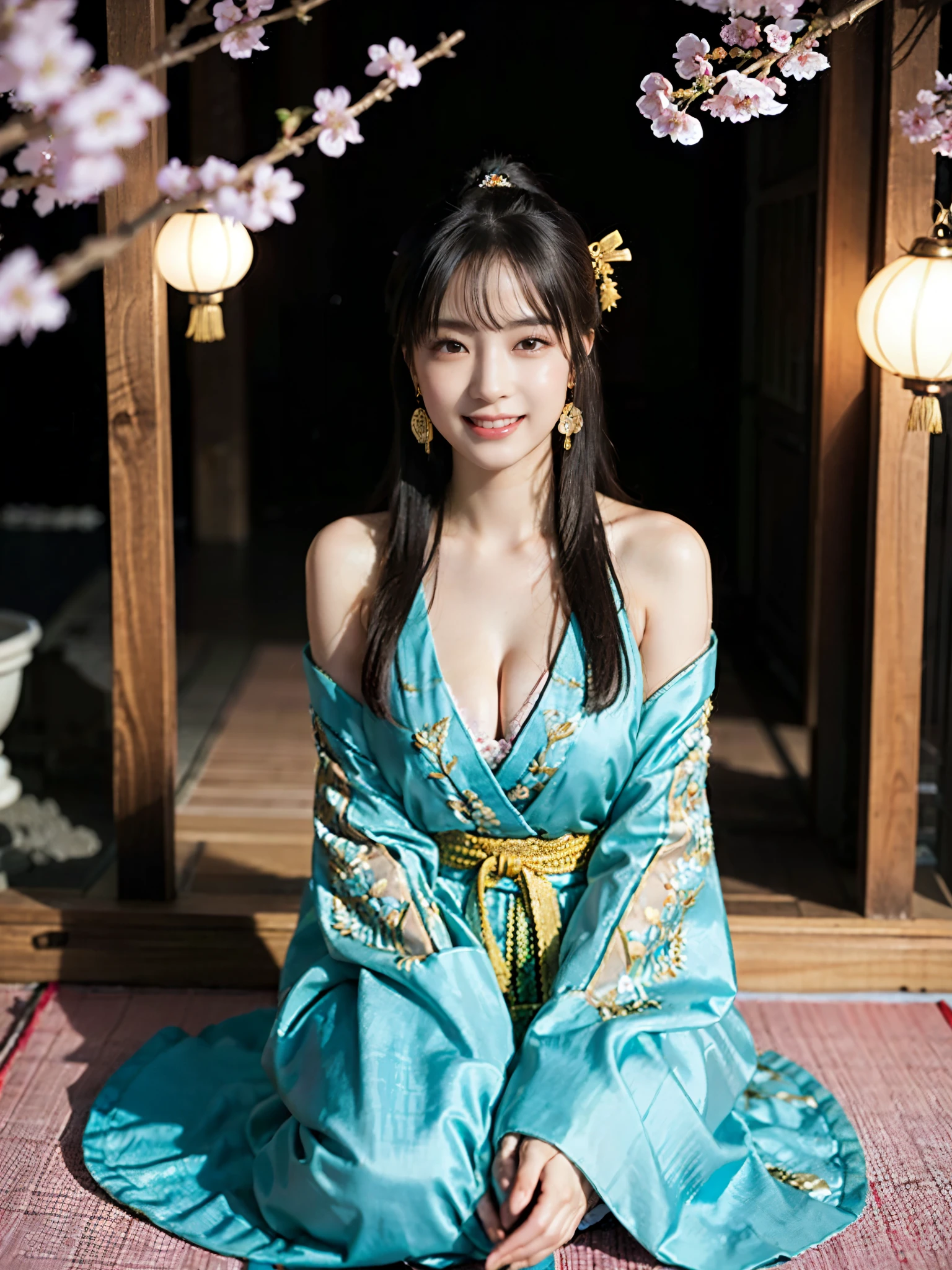 A girl , idol, detailed shrine maiden clothes, Full body shot, turquoise blue and gold shrine maiden clothes, Luxury shrine maiden clothes with detailed embroidery, bare shoulders, long hair, wearing transparent , best quality, (hair ornament:1.35), jewelry, earrings, cherry blossoms, lantern light, depth of field, detailed face, face focus, ribbon_trim, (looking at viewer:1.25), nontraditional miko, shiny skin, long sleeves, Beautiful firm cleavage, beautiful clavicle. big smile , thick lips, (blurry background:1.2), sitting, from below, Chinese style