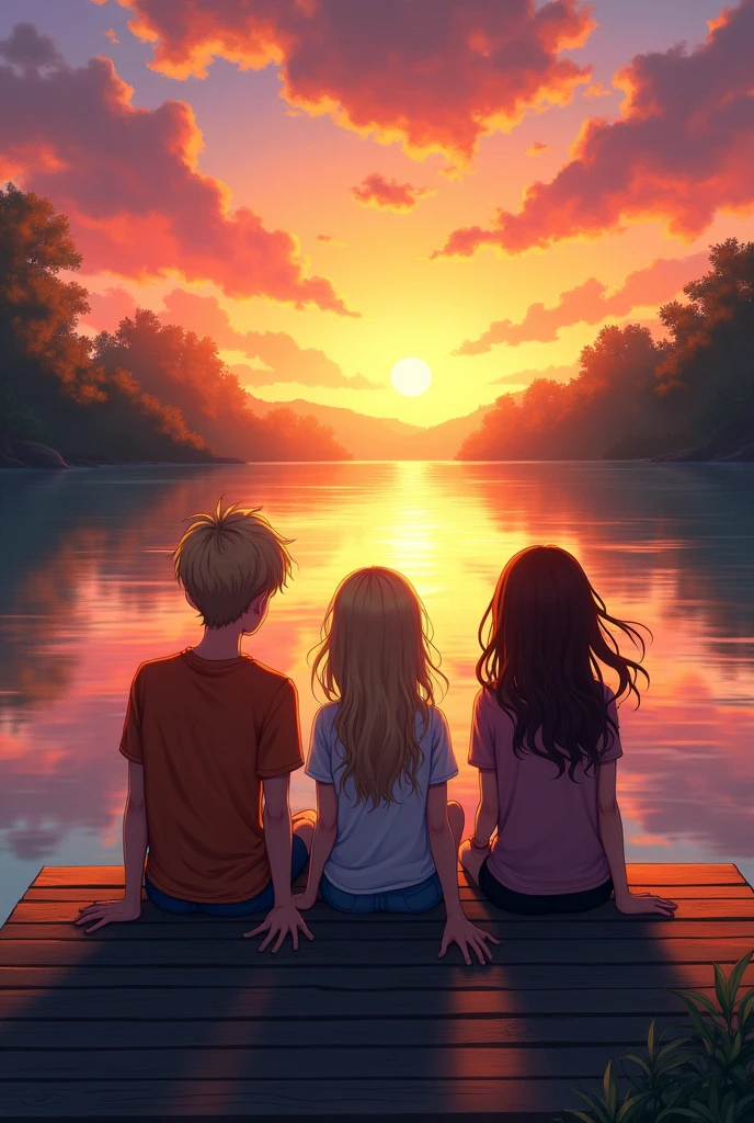 A sunset with orange tones, yellow and pink lake behind a beautiful lake. Accompanied by a blonde teenager with loose hair, a blond teenage BOY, and a teenage girl with brown hair. make them look at the sunset, sitting on the edge of the pier with their backs to the image. menos realista