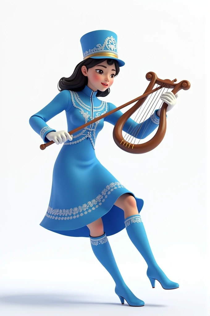A single female member of a marching band in blue costume playing marching lyre with white background 3d animation