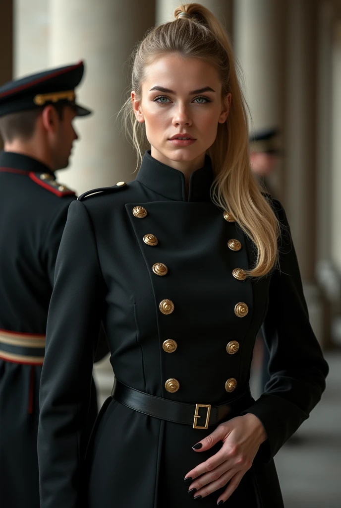 (Best quality, 4K, high resolution, masterpiece, ultra-detailed, realistic anatomy, photo-realistic:1.37), araffe attractive young woman, senior military officer, (wearing black Prussian Hussar uniform, black double breasts jacket, black trousers, and Prussian Deaths Head cap), blonde hair, high ponytail hair style, standing confidently, This full-body portrait captures her strength and authority, with sharp focus on her uniform's details and her commanding gaze, The image evokes an aura of discipline and respect, set against a military backdrop,