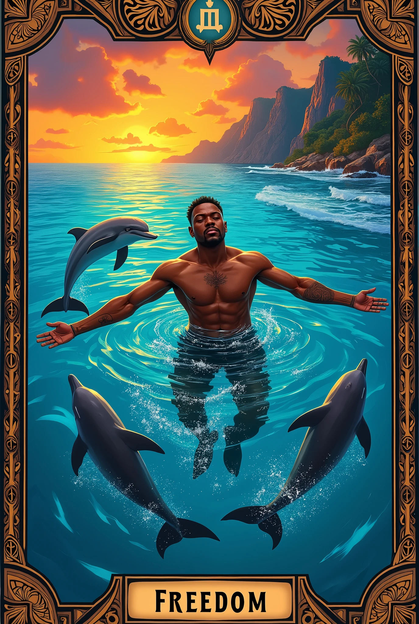 The powerful and enigmatic "Freedom" card from an African-inspired tarot deck, card number X, which depicts a muscular, handsome man of African descent in the midst of a graceful swim through the vast, cerulean ocean. His physique is a testament to the strength and vitality that embody the essence of liberation. He is surrounded by the playful and intelligent dolphins, symbolizing harmony and a deep connection with the natural world. The man's eyes are closed in a peaceful expression, as if lost in contemplation or meditation, while his arms are outstretched, welcoming the boundless horizon. The ocean waves are depicted with intricate patterns that interweave with the man's form, suggesting the unity of all living beings. The sky above is a canvas of vibrant oranges and purples, reflecting the setting sun's fiery glow across the water's surface. The card's border is adorned with ancient African motifs that resonate with the themes of wisdom, transformation, and freedom. In the background, a majestic coastline with lush vegetation and towering cliffs can be seen, hinting at the land of opportunities that await the individual who embraces this card's message. The man's body glides effortlessly through the water, as if to represent the card's meaning of breaking free from restrictions and embracing one's true potential. The overall scene exudes a sense of tranquility and boundless freedom, inviting the viewer to dive into the depths of their own soul and explore the boundless possibilities that lie within.