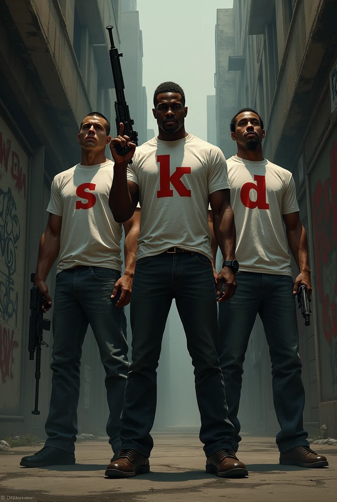 Three men, one dark-skinned and two skin-colored, with weapons and on their shirts the letter (s) the other the letter (k) and the other (D)