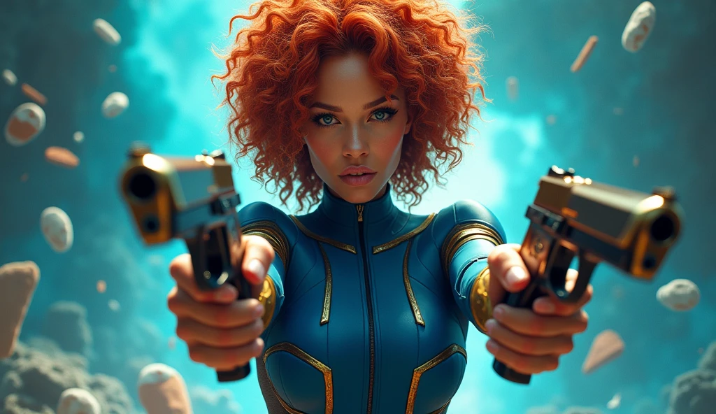 In this captivating image, the central female character exudes confidence and authority, her curly red hair a vibrant contrast to the sleek blue suit with gold accents, complete with gloves and boots that evoke a sense of uniformity. Her hands firmly grasp two pistols, their metallic surfaces and grips gleaming in the light as she surveys the dynamic background with a determined gaze. The explosion of colors behind her, featuring blues and greens, adds to the overall sense of energy and action, evoking the world of comic books or video games where she takes center stage as a powerful superhero, , retina, accurate, masterpiece, super detail, high details, best quality, award winning, highres, HD, 4K, 8k, 16k, retina, accurate, masterpiece, anatomically correct, textured skin, super detail, high quality, award winning, highres, 8k, 16k