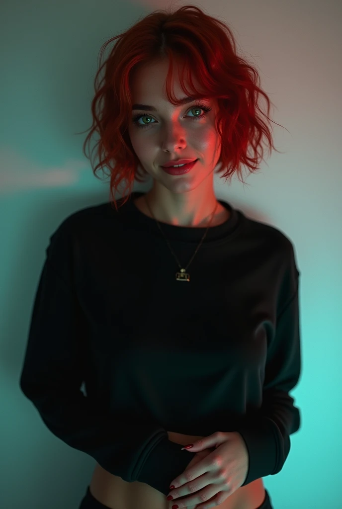 1girl, lavelis style, dramatic lighting, white background, chromatic aberration, red hair, short wavy hair, green eyes, dark skin, black sweatshirt, blush, light smile, narrow waist, no bra, no panties, hands on own hips