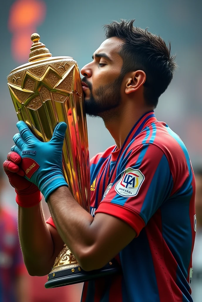 Chivas de Guadalajara player El Fofó bautista kissing the MX Cup with a red and a blue glove and the goalkeeper suit of the Chivas de Guadalajara, and in the background of the image a photo of the team symbol