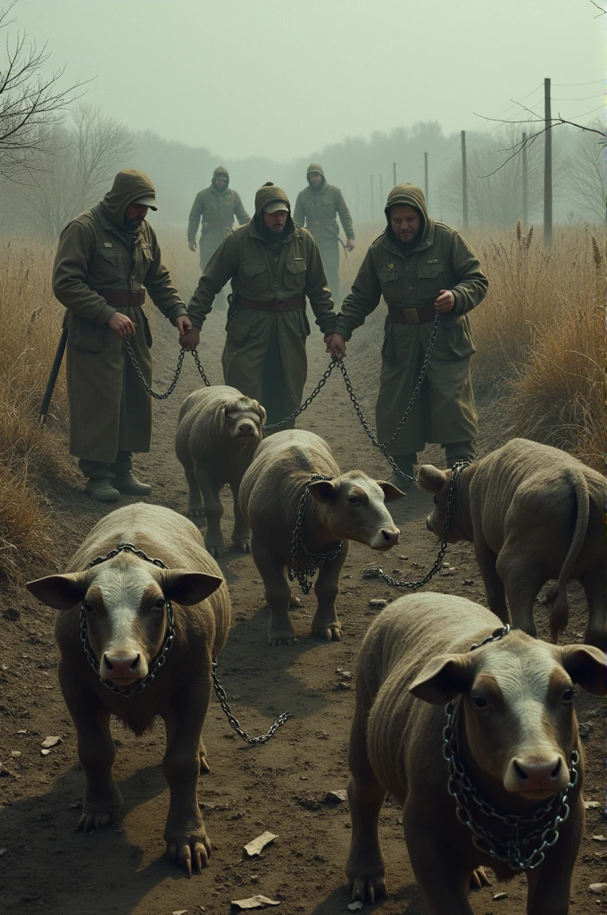 Viñeta 2: Repression and Hunger Image: Chained and hungry animals, working in desolate fields, with others being arrested.
Text: "Arrests, Executions and hunger rule the farm, while production declines."
