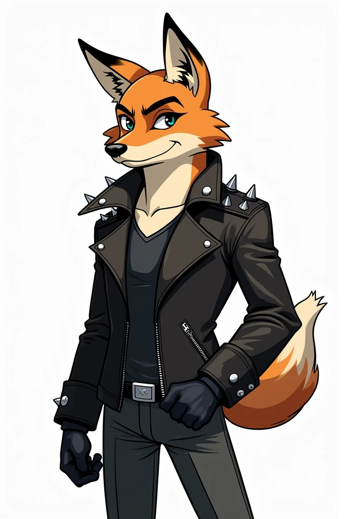 Para crear la segunda imagen del zorro antropomórfico, utilicé la siguiente descripción:

*"A comic or animated-style anthropomorphic fox character standing in a neutral white background. The fox has light brown fur and is wearing a black leather jacket with a spiked collar and black leather gloves with metal studs. The character's appearance is less realistic and more stylized with bold lines and smooth shading, like a serious yet sleek comic book character. The facial expression is confident, and the details in the clothing and accessories are simplified yet striking, emphasizing a serious and cool demeanor