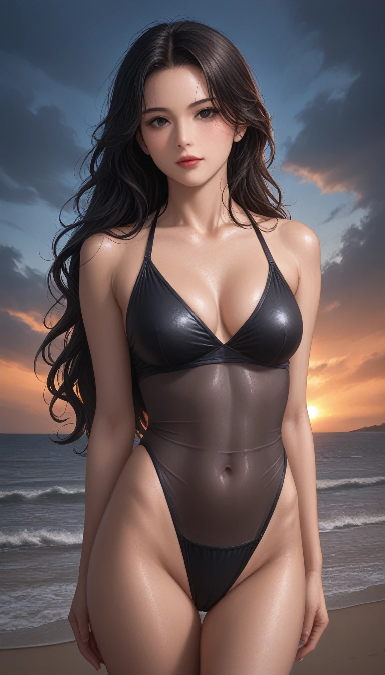 score_9, score_8_superior, score_7_superior, High resolution 3D anime style,A masterpiece in 32K resolution,Highest quality,it is really amazing,Very detailed,Ultra-high resolution,Ultra-realistic,Realistic,Increased depth of field,Cinematic lighting,
Sexy mature Japan woman,
Glossy black hair,Wavy long hair,Showing his forehead,god々Beautiful,Ultra-detailed and beautiful face,Sensual look,Beautiful dark brown, moist eyes,Pitch black eyes,Glowing, moisturized skin,Translucent white skin,born々New skin texture,Great proportions,
Black high leg swimsuit,
Bold design,born地の詳細な質感,
A seaside scene at dusk,Dark clouds filling the sky,Thundercloud,Coastline at night,Golden reflections on the sea surface,delay々A desolate sandy beach that continues,
Cinematic Angle,