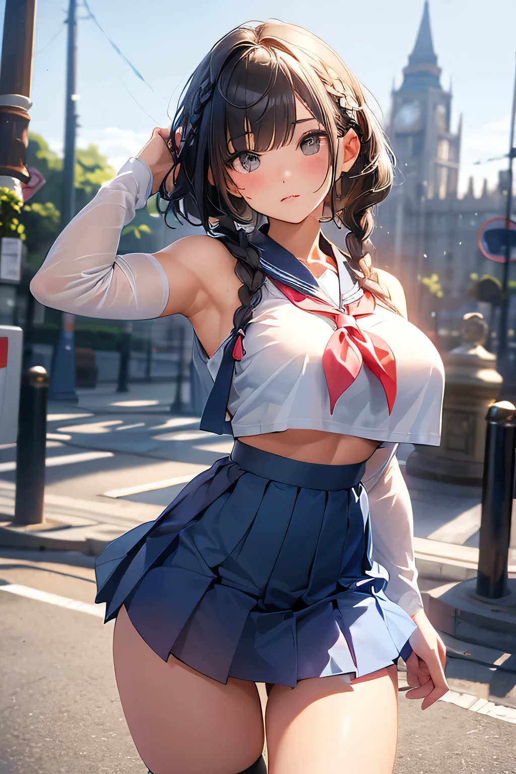 Highest quality、High resolution、Detailed Background、(Beautiful face in every detail:1.4)、Highly detailed face、Teenage beauty、Anatomically correct、(Huge breasts:1.2)、Attractive thighs、Perfect body line、Braided bob cut、Braided Ponytail、Braided twin tails、Shiny navy blue sailor suit、White sailor collar、Checkered pleated skirt、White Stockings、loafers、No sleeve、Show your side、Cute gestures、Look at me with cold eyes、(Panty Shot:1.3)、(underboob:1.3)、(With landmarks in the background、A beautiful girl squatting from below:1.5)、From below、big ben、Tower of London、British Museum、Buckingham Palace、cute