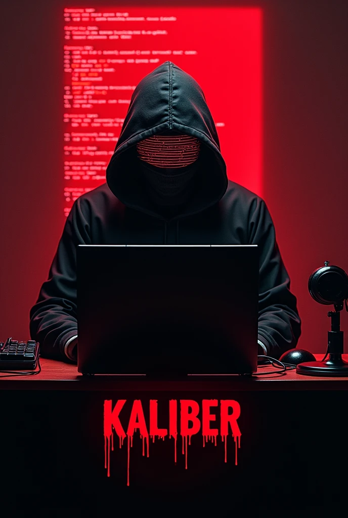 Guy with a hood, tv static face, sitting at a computer, coding background. red and black theme, with the word kaliber under it in bloody rigid letters, hyper realism, logo