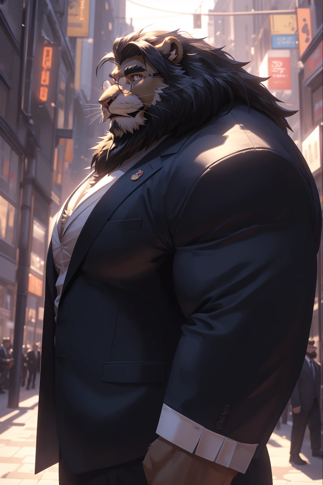 1boy, 1man, solo,  (furry lion), (face, detailed face, bearded, white beard, thick mustache), (glasses), city, extremely huge muscular, massive muscular , sixpack , (suits), well-muscled old man. ((extremely muscle size, super thick arms, huge pec, hyper pec, bigger chest, extremely wide pectoral , huge arms)), wide smiling. Add textures and details to make the image more realistic, such as the appearance of the. Make sure the resulting image is high resolution, 8K quality