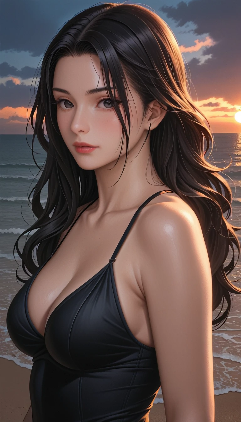 score_9, score_8_superior, score_7_superior, High resolution 3D anime style,A masterpiece in 32K resolution,Highest quality,it is really amazing,Very detailed,Ultra-high resolution,Ultra-realistic,Realistic,Increased depth of field,Cinematic lighting,
Sexy mature Japan woman,
Glossy black hair,Wavy long hair,Showing his forehead,god々Beautiful,Ultra-detailed and beautiful face,Sensual look,Beautiful dark brown, moist eyes,Pitch black eyes,Glowing, moisturized skin,Translucent white skin,born々New skin texture,Great proportions,
Black high leg swimsuit,
Bold design,born地の詳細な質感,
A seaside scene at dusk,Dark clouds filling the sky,Thundercloud,Coastline at night,Golden reflections on the sea surface,delay々A desolate sandy beach that continues,
Cinematic Angle,