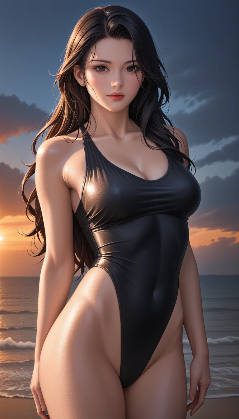 score_9, score_8_superior, score_7_superior, High resolution 3D anime style,A masterpiece in 32K resolution,Highest quality,it is really amazing,Very detailed,Ultra-high resolution,Ultra-realistic,Realistic,Increased depth of field,Cinematic lighting,
Sexy mature Japan woman,
Glossy black hair,Wavy long hair,Showing his forehead,god々Beautiful,Ultra-detailed and beautiful face,Sensual look,Beautiful dark brown, moist eyes,Pitch black eyes,Glowing, moisturized skin,Translucent white skin,born々New skin texture,Great proportions,
Black high leg swimsuit,
Bold design,born地の詳細な質感,
A seaside scene at dusk,Dark clouds filling the sky,Thundercloud,Coastline at night,Golden reflections on the sea surface,delay々A desolate sandy beach that continues,
Cinematic Angle,