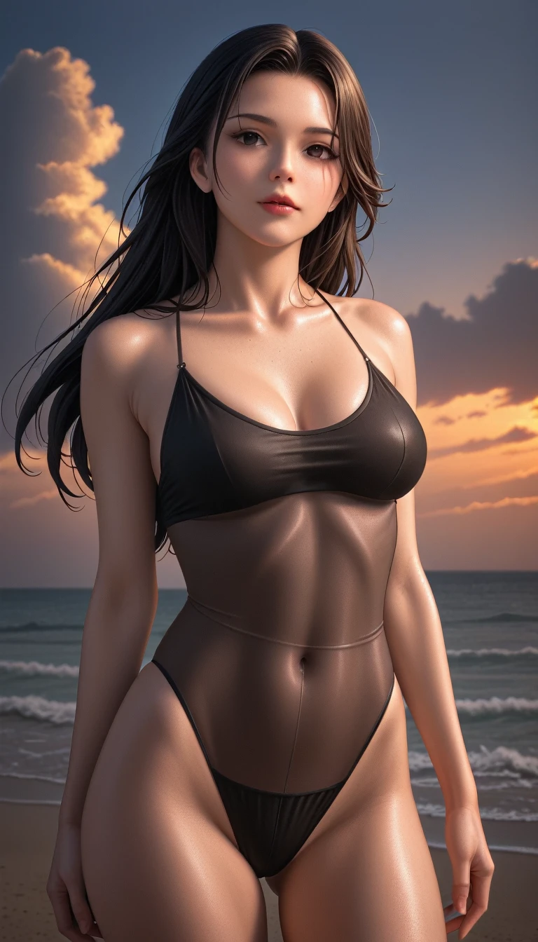 score_9, score_8_superior, score_7_superior, High resolution 3D anime style,A masterpiece in 32K resolution,Highest quality,it is really amazing,Very detailed,Ultra-high resolution,Ultra-realistic,Realistic,Increased depth of field,Cinematic lighting,
Sexy mature Japan woman,
Glossy black hair,Wavy long hair,Showing his forehead,god々Beautiful,Ultra-detailed and beautiful face,Sensual look,Beautiful dark brown, moist eyes,Pitch black eyes,Glowing, moisturized skin,Translucent white skin,born々New skin texture,Great proportions,
Black high leg swimsuit,
Bold design,born地の詳細な質感,
A seaside scene at dusk,Dark clouds filling the sky,Thundercloud,Coastline at night,Golden reflections on the sea surface,delay々A desolate sandy beach that continues,
Cinematic Angle,