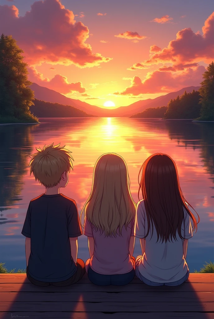 A sunset with orange tones, yellow and pink lake behind a beautiful lake. Accompanied by a blonde teenager with loose hair, a blond teenage BOY, and a teenage girl with brown hair. make them look at the sunset, sitting on the edge of the pier with their backs to the image. menos realista