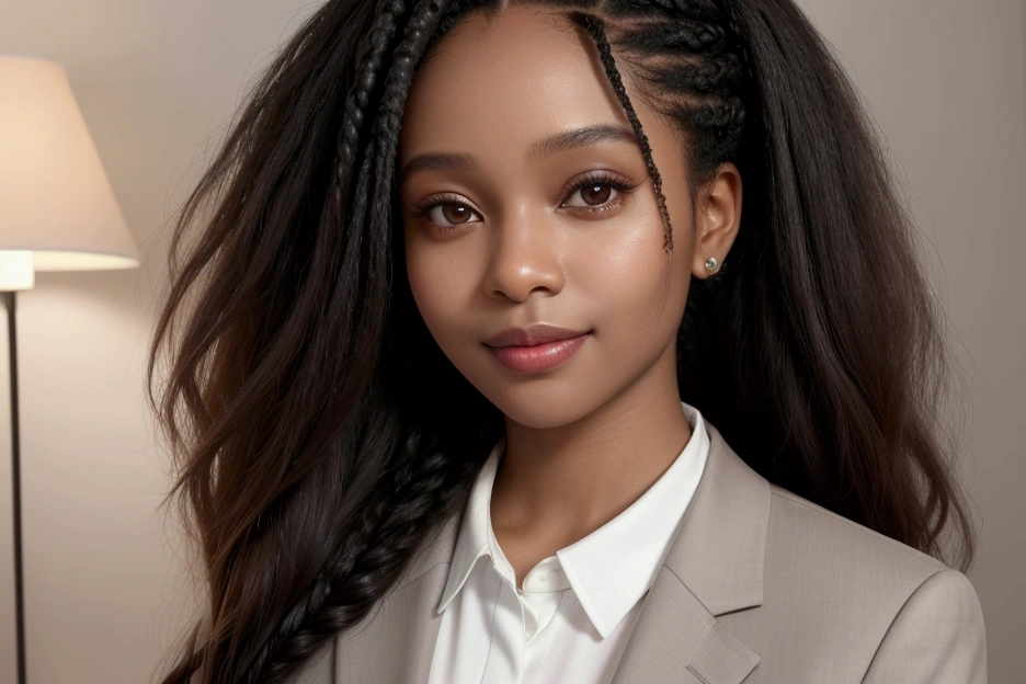 A professional portrait of a young Black Brazilian woman, around 2, with rich dark skin and long, well-maintained Box Braids. She is dressed in a stylish yet professional outfit, such as a blouse or blazer, reflecting modern Brazilian professional fashion. The background is a solid, neutral color, like light grey or off-white, to keep the focus on her. The lighting is soft and warm, enhancing her natural skin tone and the texture of her hair. She is looking confidently into the camera with a slight, approachable smile. This image is suitable for use as a professional profile picture