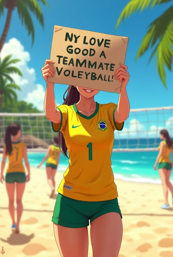 A girl playing beach volleyball, wearing the Brazilian kit and holding a sign that covers her face and says I LOVE ANA PATRICIA