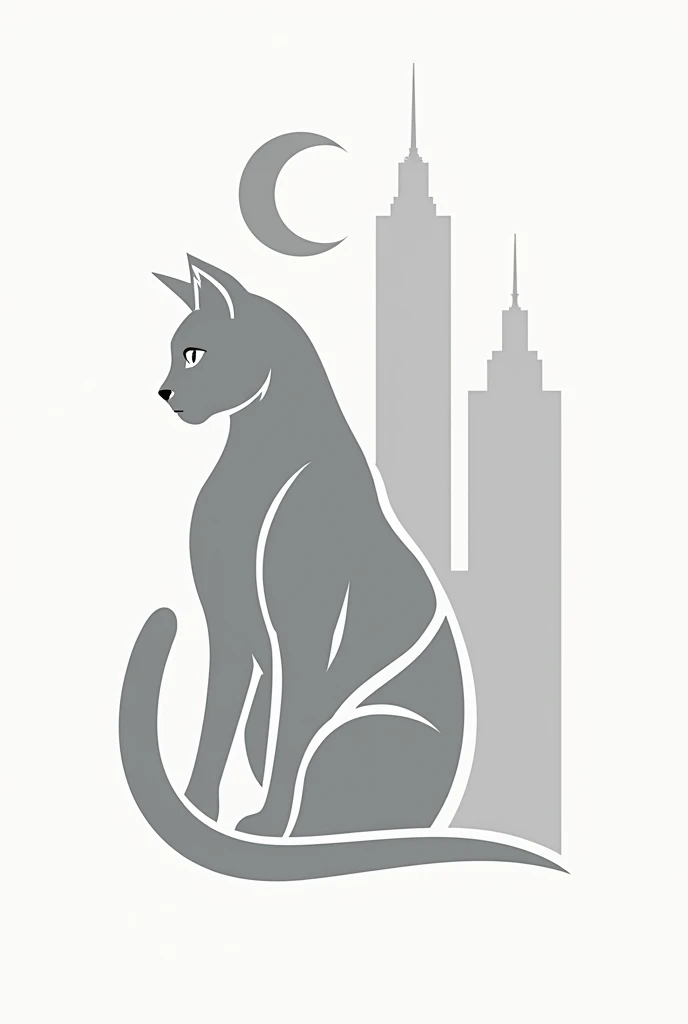 Create a logo for a construction company called GATO CONSTRUÇÕES E SERVIÇOS, that has a cat , a building and a moon.