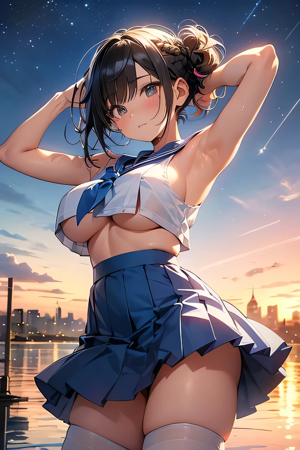 Highest quality、High resolution、Detailed Background、(Beautiful face in every detail:1.4)、Highly detailed face、Teenage beauty、Anatomically correct、(Huge breasts:1.2)、Attractive thighs、Perfect body line、Braided bob cut、Braided Ponytail、Braided twin tails、Shiny navy blue sailor suit、White sailor collar、Checkered pleated skirt、White Stockings、loafers、No sleeve、Show your side、Cute gestures、Look at me with cold eyes、(Panty Shot:1.3)、(underboob:1.3)、(With landmarks in the background、A beautiful girl squatting from below:1.5)、From below、big ben、Tower of London、British Museum、Buckingham Palace、cute