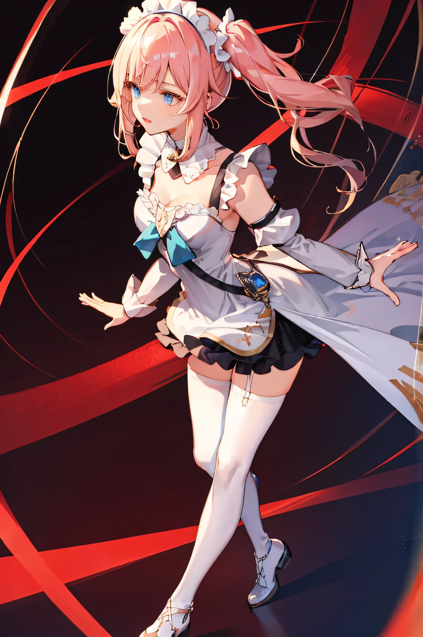 1 girl,rose,full body,pink long hair,high twin tail,((White Maid Costume)),blue eyes,Blunt bang,((whole body)),whole body,((dynamic pose)),((dynamic angle)),
