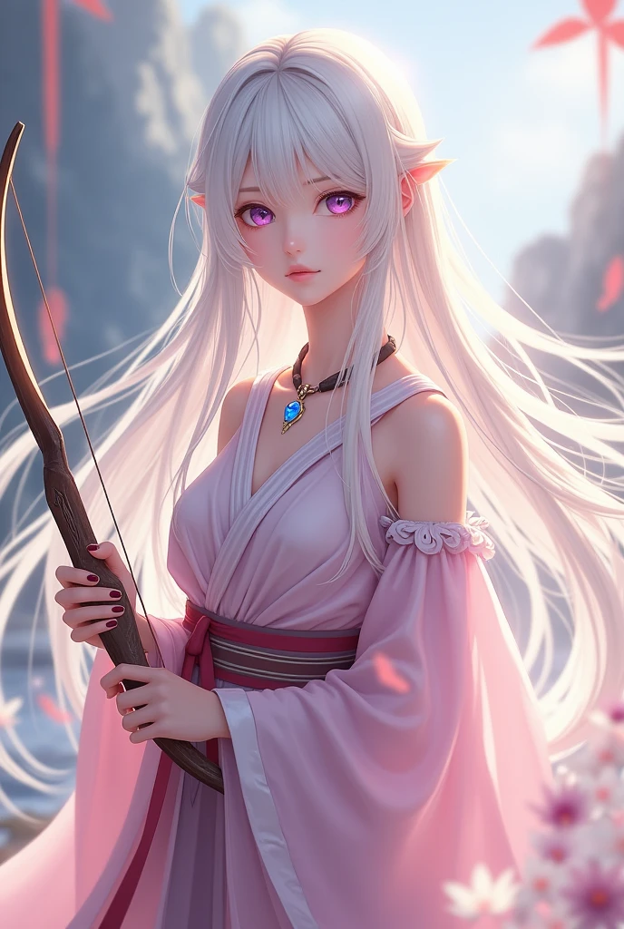 1 human girl. 1.72m high. White hair, long. Wear fine pale pink clothing, daughter of the village chief. White skin and violet eyes. He uses a short bow and a necklace with a blue stone as a weapon.