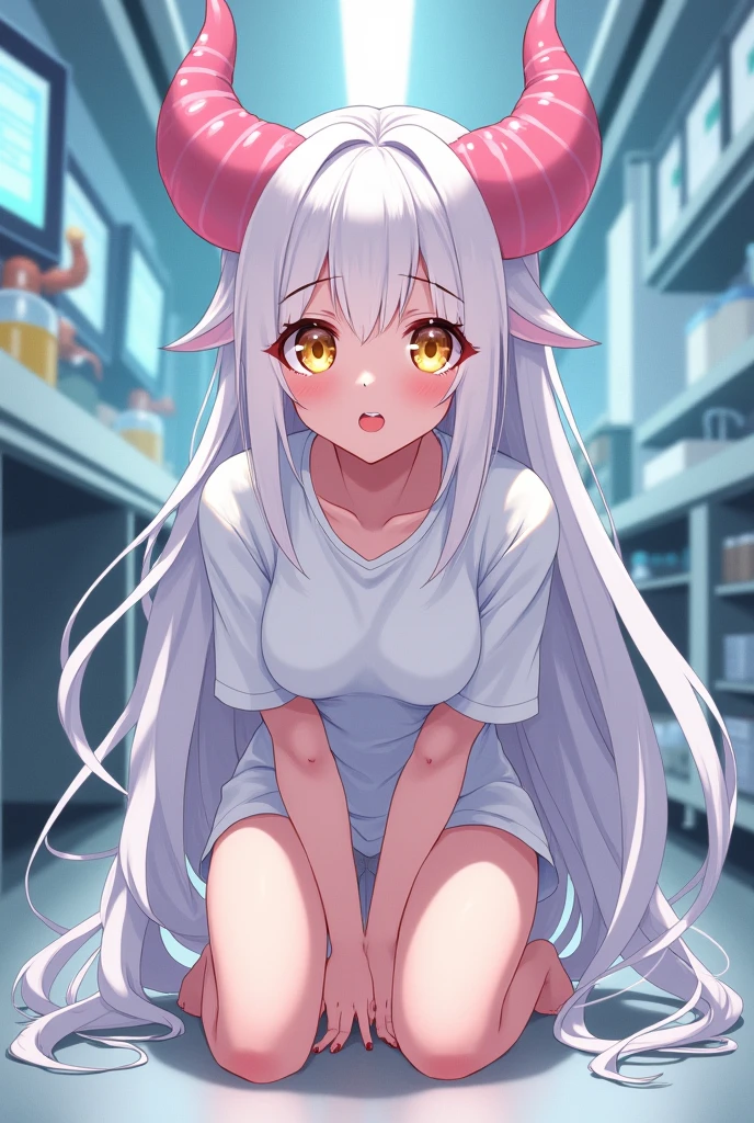 Fais de moi une fille dans le style anime 
Elle a la peau rose, les cornes roses, ses pupilles sont jaunes, elle a de longs cheveux blancs et lisses qui tombent jusqu'au sol.
elle est agenouillée sur le sol d'un laboratoire, elle porte une chemise blanche, elle a un visage ferme et une  surprise