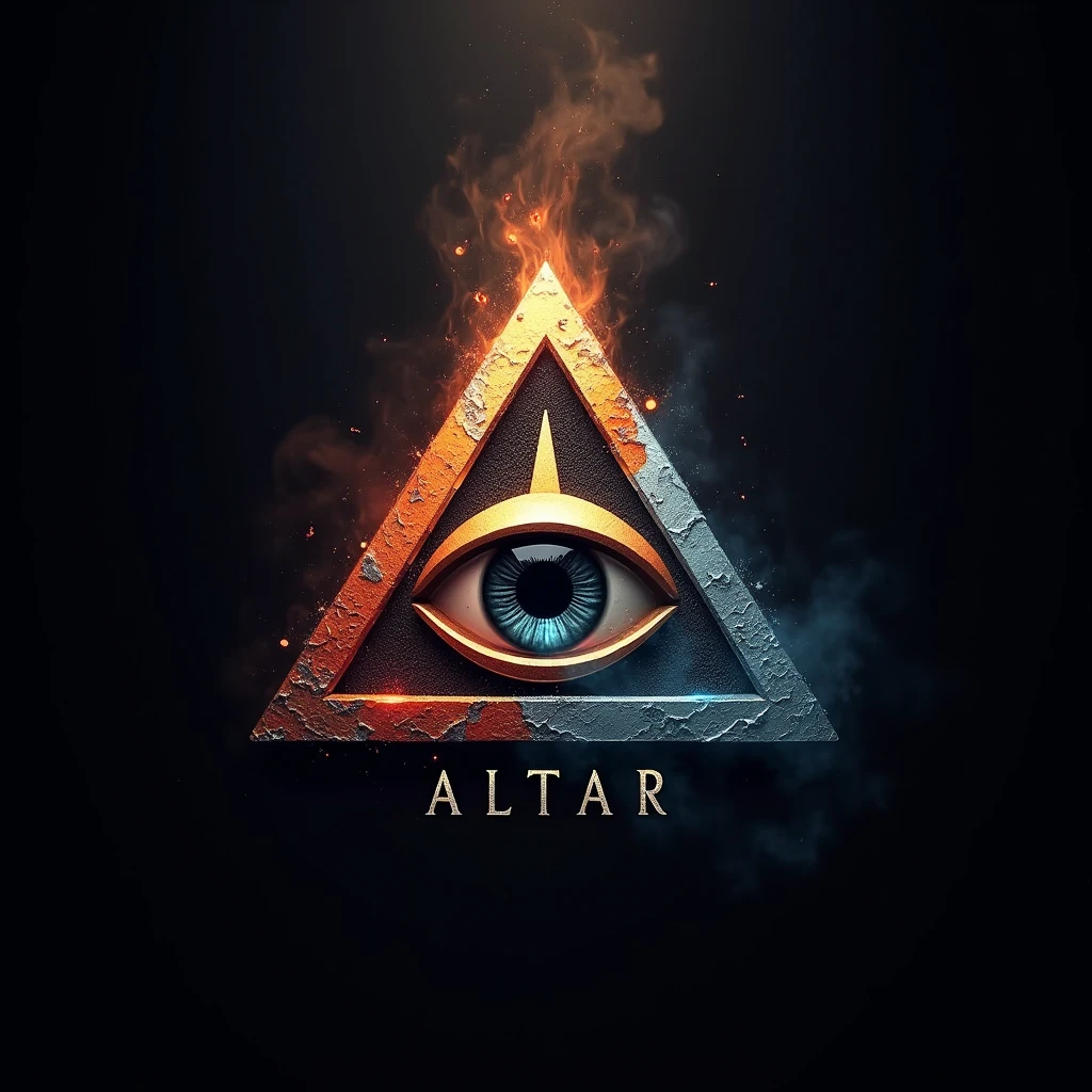 logo design, the all seeing eye inside triangle, small text logo "ALTAR" under triangle, fire and ice as complex background, 3D, extreme detail, ultra-realism, masterpiece, 4k, cinematic lighting