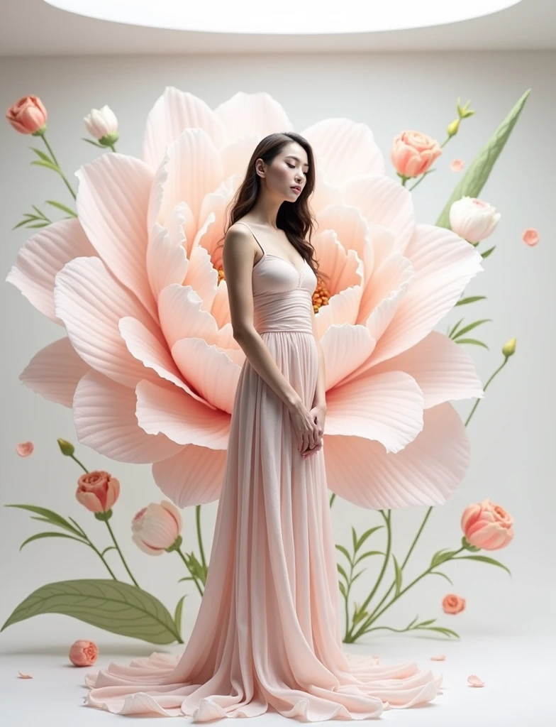 very big flower in background model marge with background some flower leaf comming on model , leaf flowting in air , white background, flower should be red ,