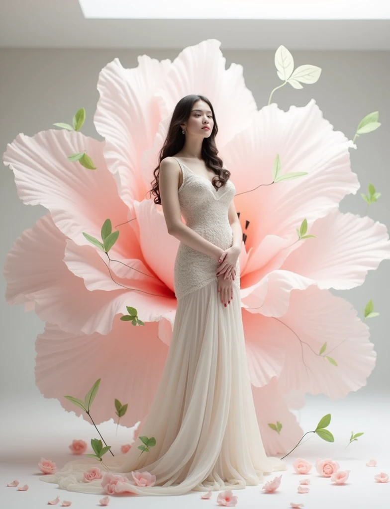 very big flower in background model marge with background some flower leaf comming on model , leaf flowting in air , white background, flower should be red ,