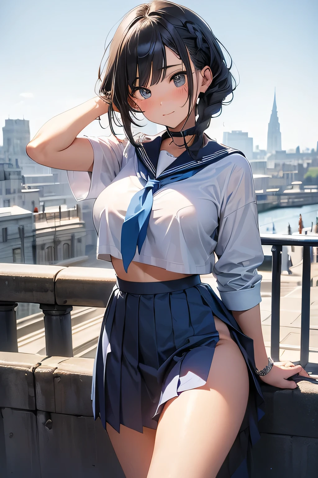 Highest quality、High resolution、Detailed Background、(Beautiful face in every detail:1.4)、Highly detailed face、(Detailed eyes:1.3)、Teenage beauty、Anatomically correct、(Huge breasts:1.2)、Attractive thighs、Perfect body line、Braided bob cut、Braided Ponytail、Braided twin tails、Shiny navy blue sailor suit、White sailor collar、Checkered pleated skirt、White Stockings、loafers、No sleeve、Show your side、Cute gestures、Look at me with cold eyes、(Panty Shot:1.3)、(underboob:1.3)、(With landmarks in the background、A beautiful girl squatting from below:1.5)、From below、big ben、Tower of London、British Museum、Buckingham Palace、cute