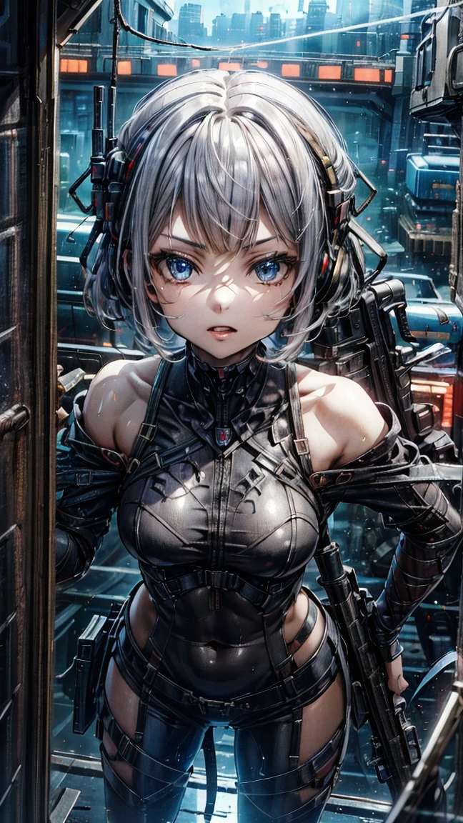 ((masterpiece)), ((best quality)), perfect detailed eyes, perfect detailed face, white hair, ribbon, (black bodysuit), ((armed shoulders)), armed arms:1.2, sci-fi movie warrior, shiny costume, Cute girl, detailed face, fine details, diffused reflection of light behind, assault rifle, holding rifle