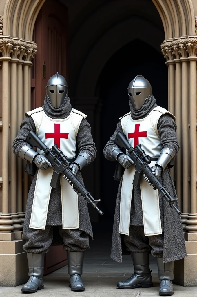 Two modern soldiers merging with Templar armor , gray steel chainmail uniform , modern white vest with a red Templar cross, gun in hand guarding the door of a cathedral 