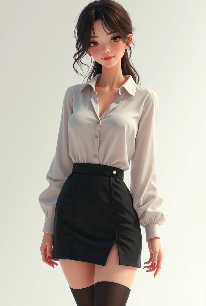 ((best quality,4k,highres,masterpiece:1.2)),((character concept art)), 1 female, 3 university teacher, ((elegant, ethereal beauty, busty)), brunette hair, (fair skin colour), ultra finely detailed eyes (hazel eyes colour), hot, intelligent, educational enthusiast, slim body build, ((intricate detail)), super finely detailed hands, ultra finely detailed fingers(((ten fingers))), wearing outfit:((form-fitting blouse, very short pencil skirt, high heels, black stockings)), (standing professionally), (full body showcase), (show full body), (no logos on background), (no logo), ((plain background)), ((plain background)), (((empty background)))