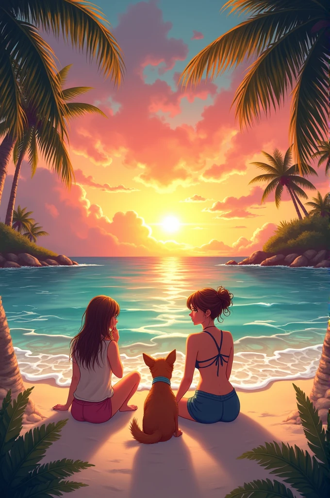 A couple of two girls watching the sunset with their dog on a tropical beach