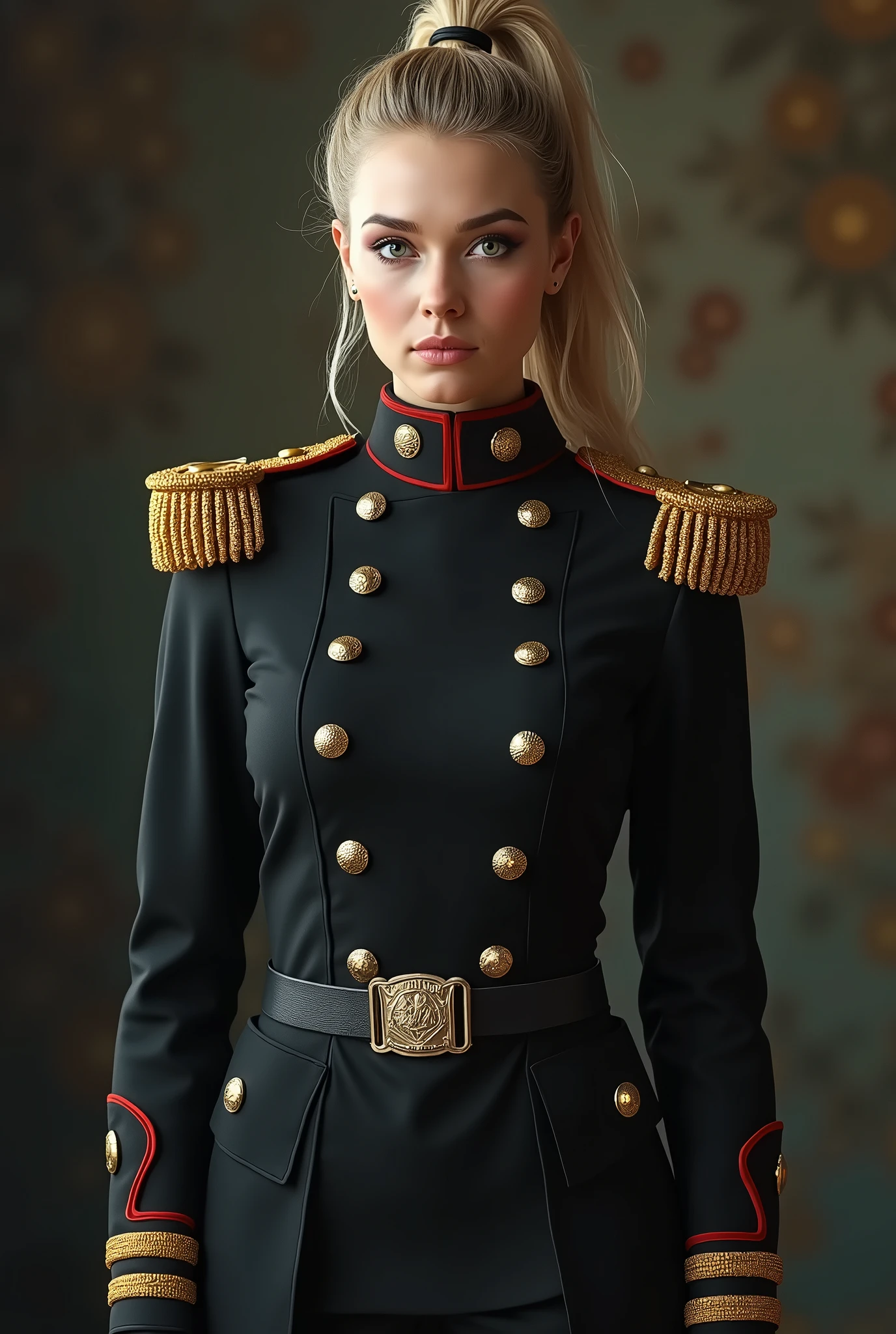 (Best quality, 4K, high resolution, masterpiece, ultra-detailed, realistic anatomy, photo-realistic:1.37), araffe attractive young woman, senior military officer, (wearing black Prussian Hussar uniform, black double breasts jacket, black trousers, and Prussian Deaths Head cap), blonde hair, high ponytail hair style, standing confidently, This full-body portrait captures her strength and authority, with sharp focus on her uniform's details and her commanding gaze, The image evokes an aura of discipline and respect, set against a military backdrop,